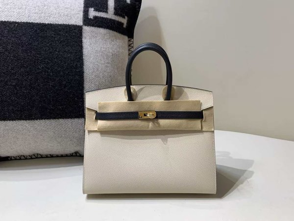 Hermès Birkin 25 Sellier Epsom Craie & Noir x Gold Hardware