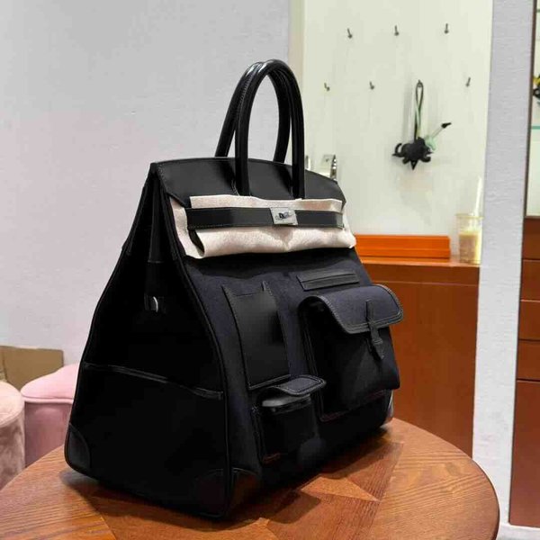 Hermès HAC 40 Noir Box / Black-Navy Canvas x Palladium Hardware