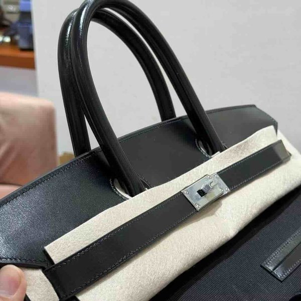 Hermès HAC 40 Noir Box / Black-Navy Canvas x Palladium Hardware