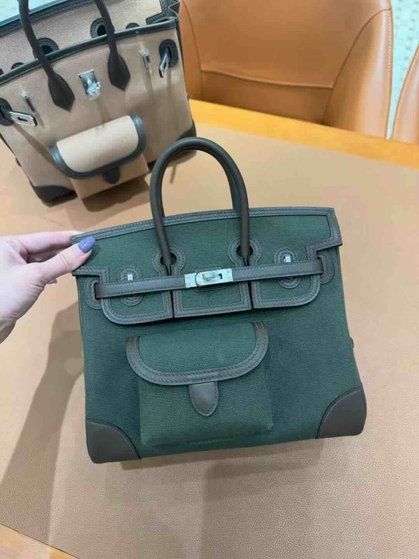 Hermès Birkin 25 Cargo Canvas & Swift Bronze Green x Palladium Hardware