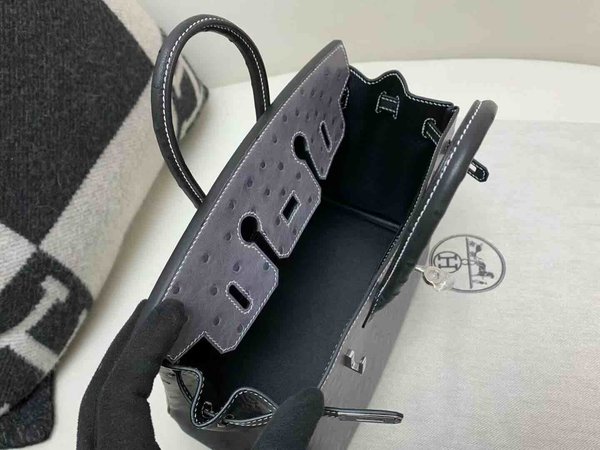 Hermès Birkin 25 Ostrich Agate Grey & Noir x Palladium Hardware