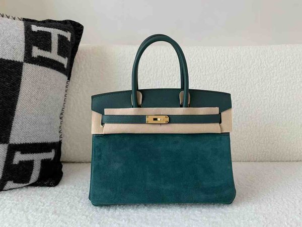 Hermès Birkin 30 Suede & Swift Blue x Gold Hardware