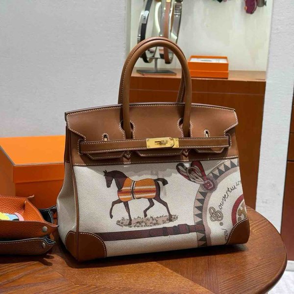 Hermès Birkin 30 Canvas & Horse Totem Golden Brown & White x Gold Hardware