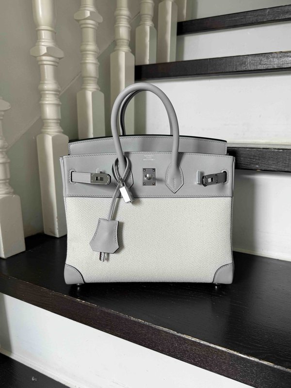 HERMÈS Birkin 25 Bleu Glacier (8U) Swift Toile H canvas Palladium hardware