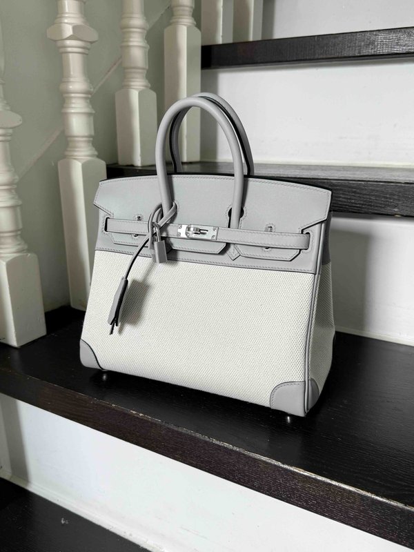 HERMÈS Birkin 25 Bleu Glacier (8U) Swift Toile H canvas Palladium hardware