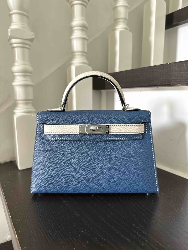 Hermès Mini Kelly II Bleu de Galice x Mushroom x Palladium Hardware