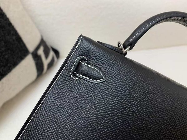 Hermès Mini Kelly II Epsom Noir x White Stitching x Palladium Hardware