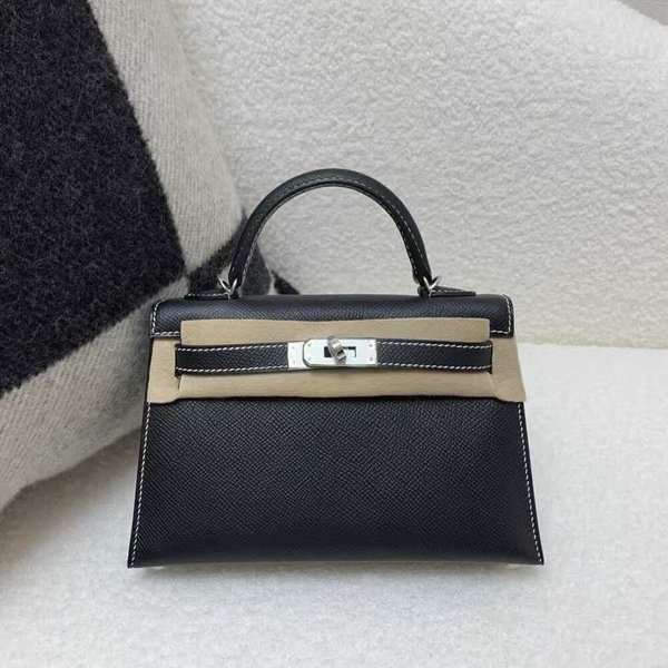 Hermès Mini Kelly II Epsom Noir x White Stitching x Palladium Hardware