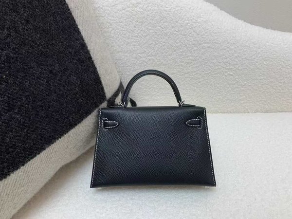 Hermès Mini Kelly II Epsom Noir x White Stitching x Palladium Hardware