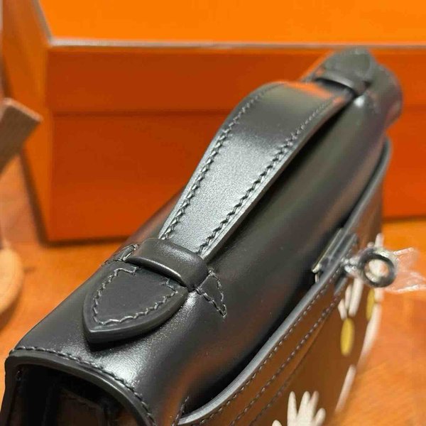 Hermès Kelly Pochette Black Swift Daisy Print x Palladium Hardware