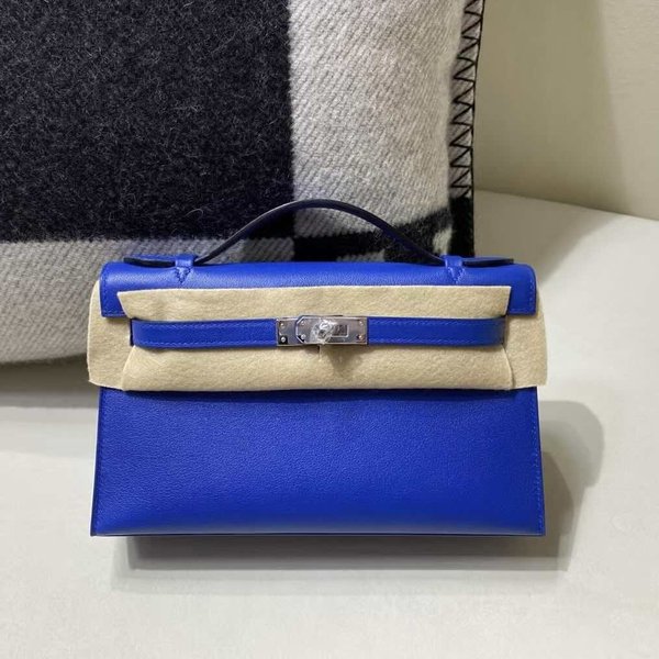 Hermès Kelly Pochette Swift Bleu Electric x Palladium Hardware