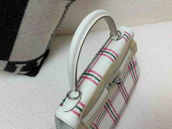 HermèsKelly 25 Painted Checkered Swift (Pink & Green on White) x Palladium Hardware