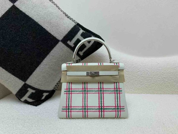 HermèsKelly 25 Painted Checkered Swift (Pink & Green on White) x Palladium Hardware