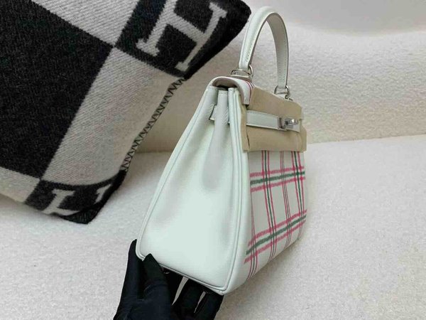 HermèsKelly 25 Painted Checkered Swift (Pink & Green on White) x Palladium Hardware