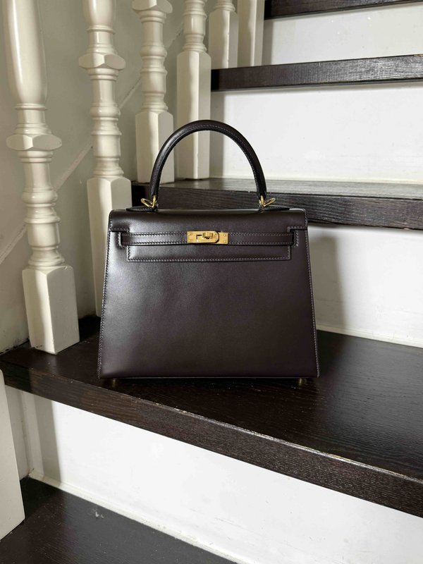 Hermes Kelly 25 Box Ebene x Gold Hardware