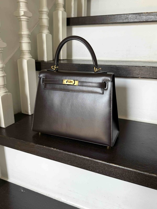 Hermes Kelly 25 Box Ebene x Gold Hardware