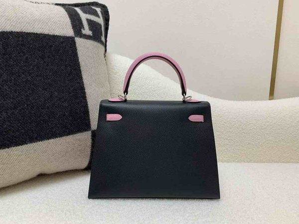 Hermès Kelly 25 Epsom Noir x Rose Sakura x Palladium Hardware