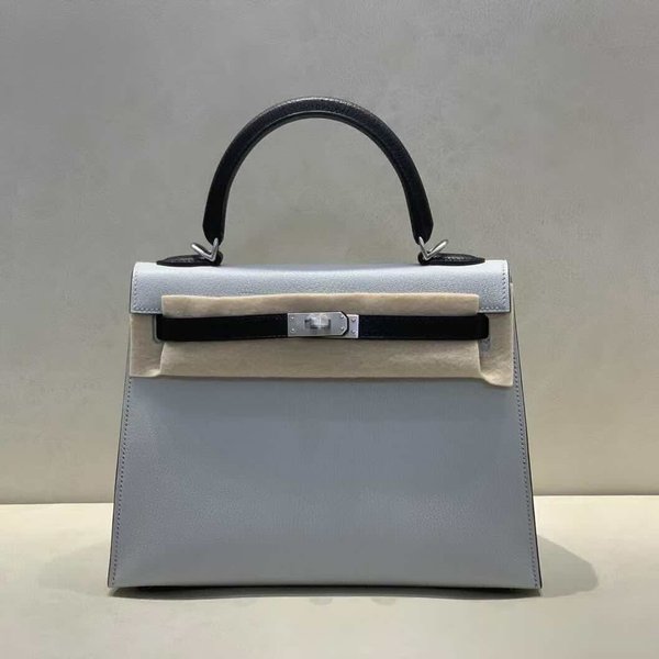 Hermès Kelly 25 Sellier Mysore Gris Perle & Noir with Palladium Hardware