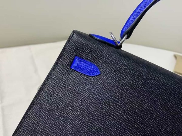 Hermès Kelly 25 Epsom Sellier Noir x Electric Blue x Palladium Hardware