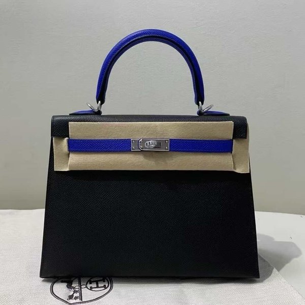 Hermès Kelly 25 Epsom Sellier Noir x Electric Blue x Palladium Hardware