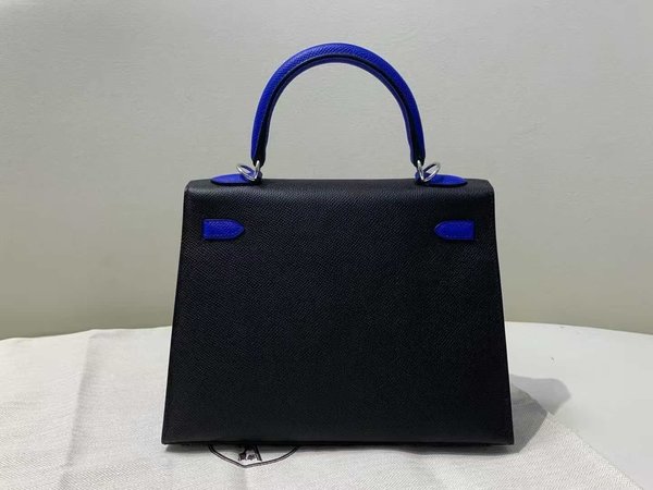 Hermès Kelly 25 Epsom Sellier Noir x Electric Blue x Palladium Hardware