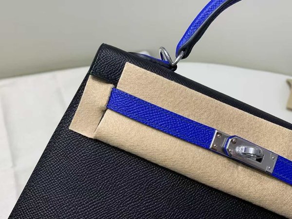 Hermès Kelly 25 Epsom Sellier Noir x Electric Blue x Palladium Hardware