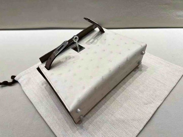 Mini Kelly II Ostrich Craie & Etoupe x Palladium Hardware