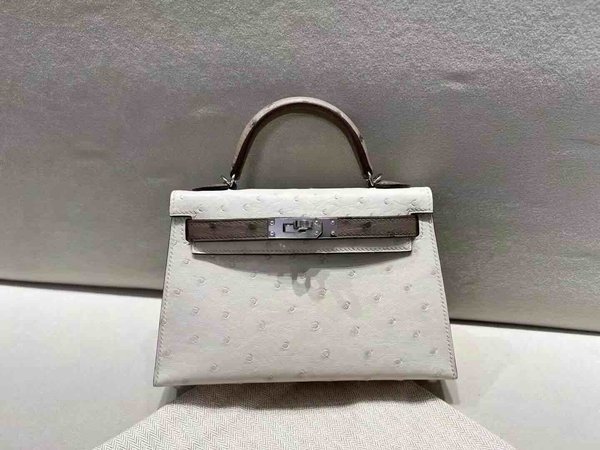 Mini Kelly II Ostrich Craie & Etoupe x Palladium Hardware