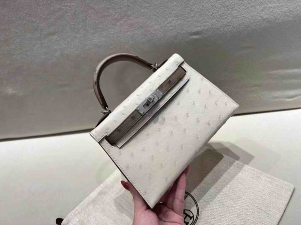 Mini Kelly II Ostrich Craie & Etoupe x Palladium Hardware