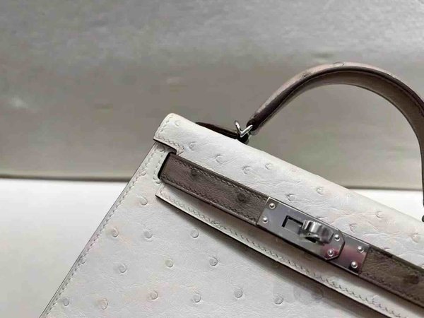 Mini Kelly II Ostrich Craie & Etoupe x Palladium Hardware