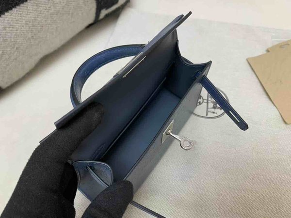 Hermès Mini Kelly II Ostrich Agate Blue x Palladium Hardware