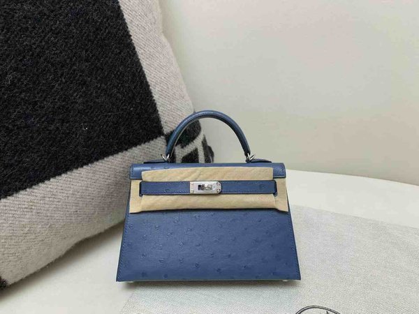 Hermès Mini Kelly II Ostrich Agate Blue x Palladium Hardware