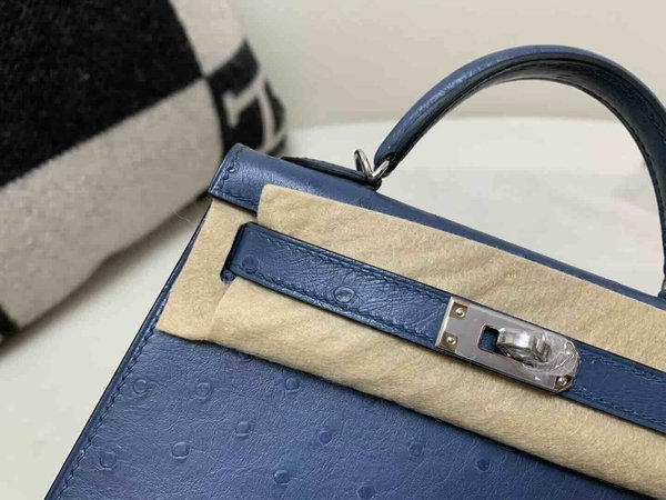 Hermès Mini Kelly II Ostrich Agate Blue x Palladium Hardware