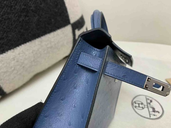 Hermès Mini Kelly II Ostrich Agate Blue x Palladium Hardware