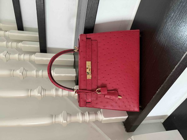 Hermès Kelly28 Sellier Ostrich Rouge Vif x Gold Hardware (HSS)