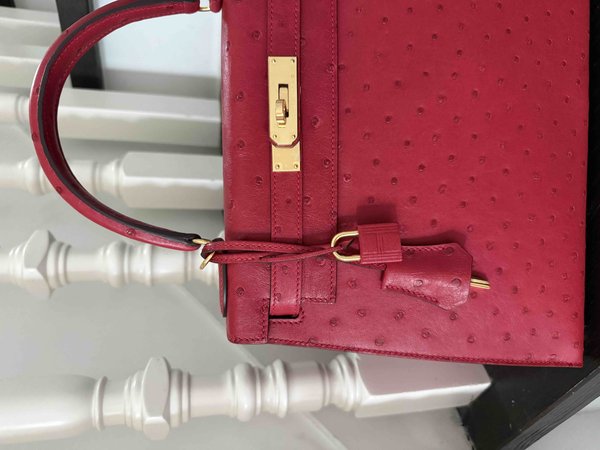 Hermès Kelly28 Sellier Ostrich Rouge Vif x Gold Hardware (HSS)