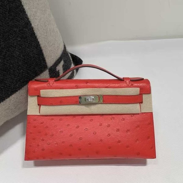 Hermès Mini Kelly I Ostrich Q5 Rouge Vif x Palladium Hardware