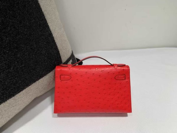 Hermès Mini Kelly I Ostrich Q5 Rouge Vif x Palladium Hardware