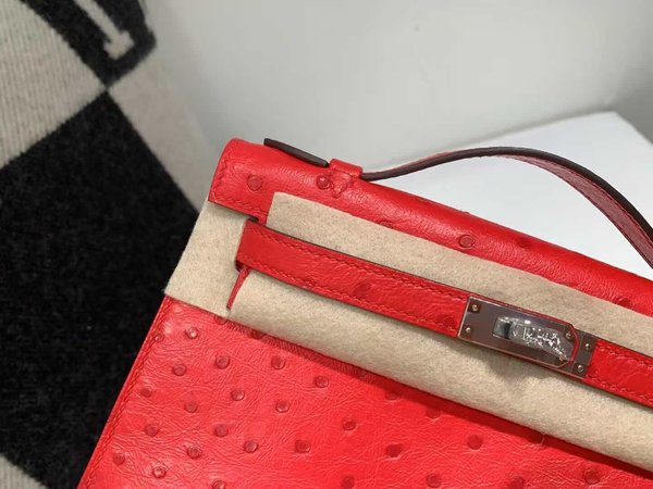 Hermès Mini Kelly I Ostrich Q5 Rouge Vif x Palladium Hardware