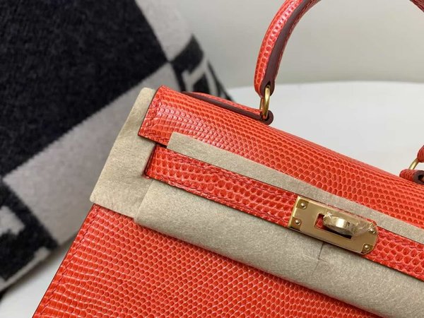 Hermès Mini Kelly 20 Lizard Azalea Red x Gold Hardware