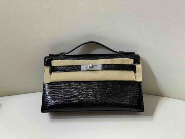 Hermès Kelly Pochette Lizard Noir x Palladium Hardware