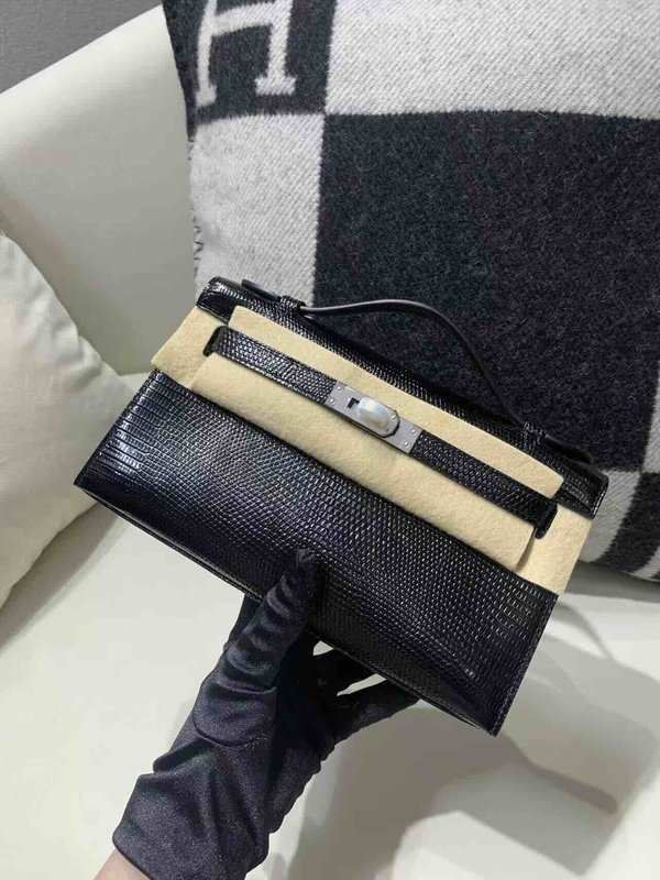 Hermès Kelly Pochette Lizard Noir x Palladium Hardware