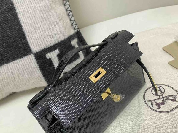 Hermès Kelly Pochette Lizard Noir x Gold Hardware