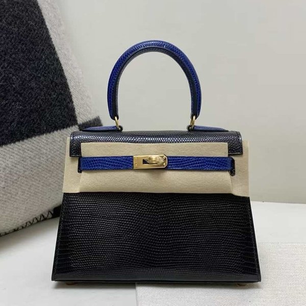 Hermès Mini Kelly 20 Big Lizard Noir with Sapphire Blue x Gold Hardware