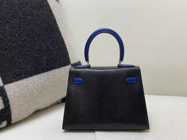 Hermès Mini Kelly 20 Big Lizard Noir with Sapphire Blue x Gold Hardware