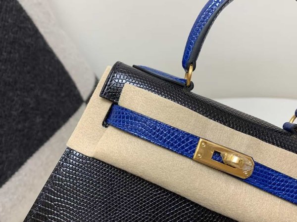 Hermès Mini Kelly 20 Big Lizard Noir with Sapphire Blue x Gold Hardware