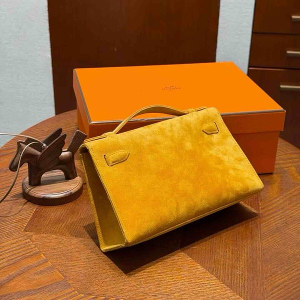 Hermès Kelly Pochette Jaune Doré Suede x Gold Hardware