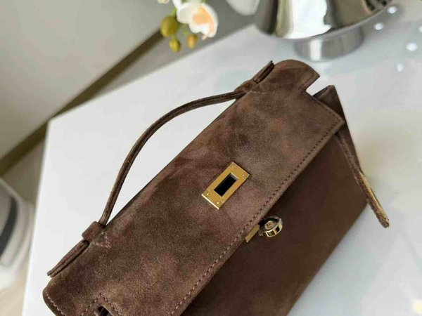 Hermès Kelly Pochette Suede Dark Brown x Gold Hardware