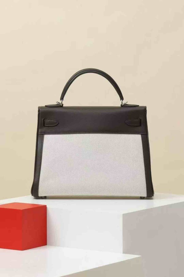 Hermès Kelly 32 Toile Canvas Écru / Ébène Swift x Palladium Hardware