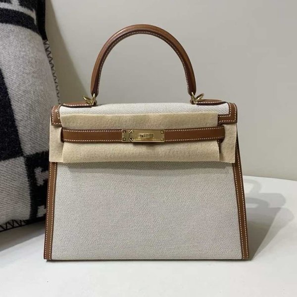 Hermès Kelly 25 Sellier in Toile and Barenia Faubourg Leather, Gold Hardware